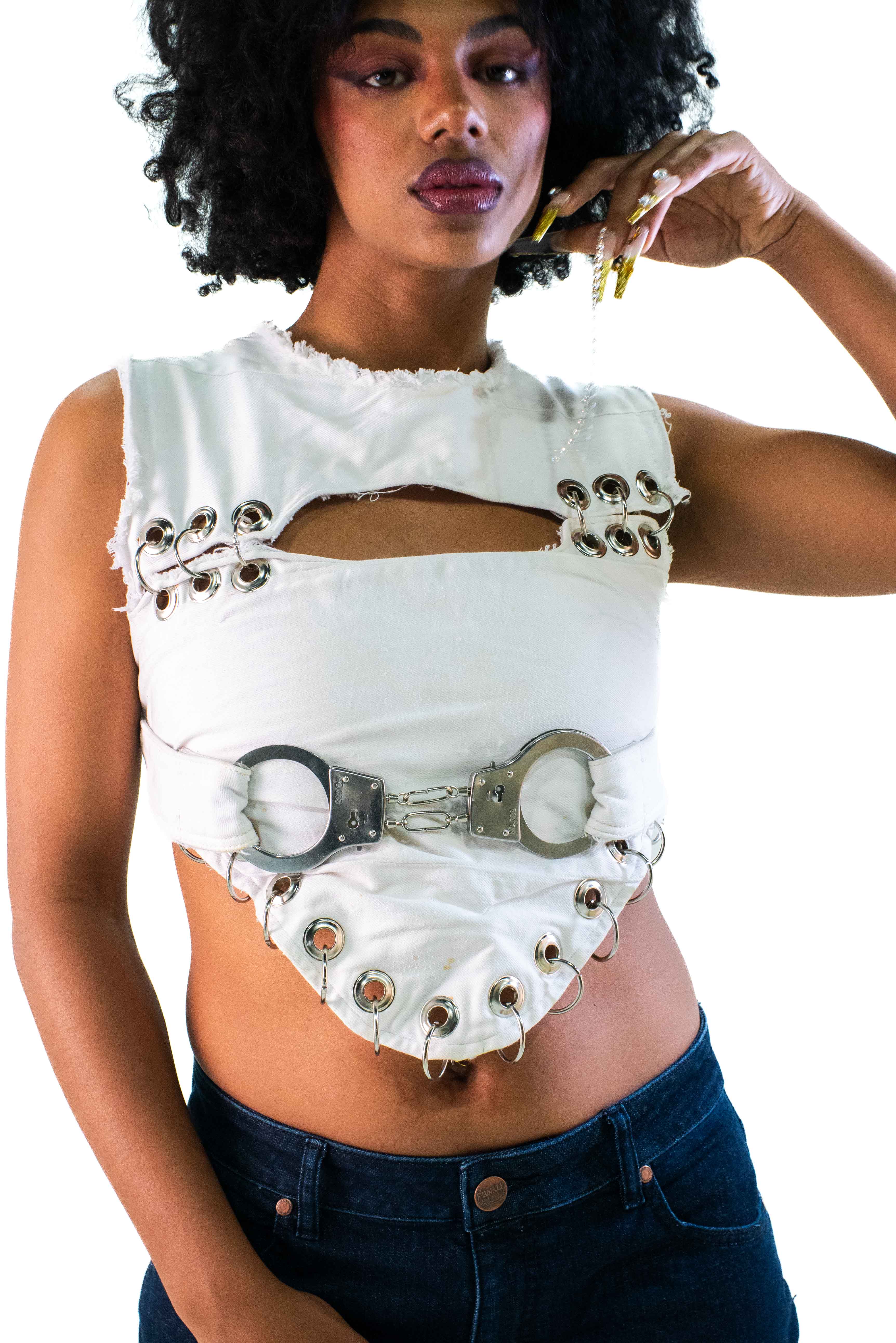 Upcycling White Denim Top With Belt with Handycuff-PRISCILA