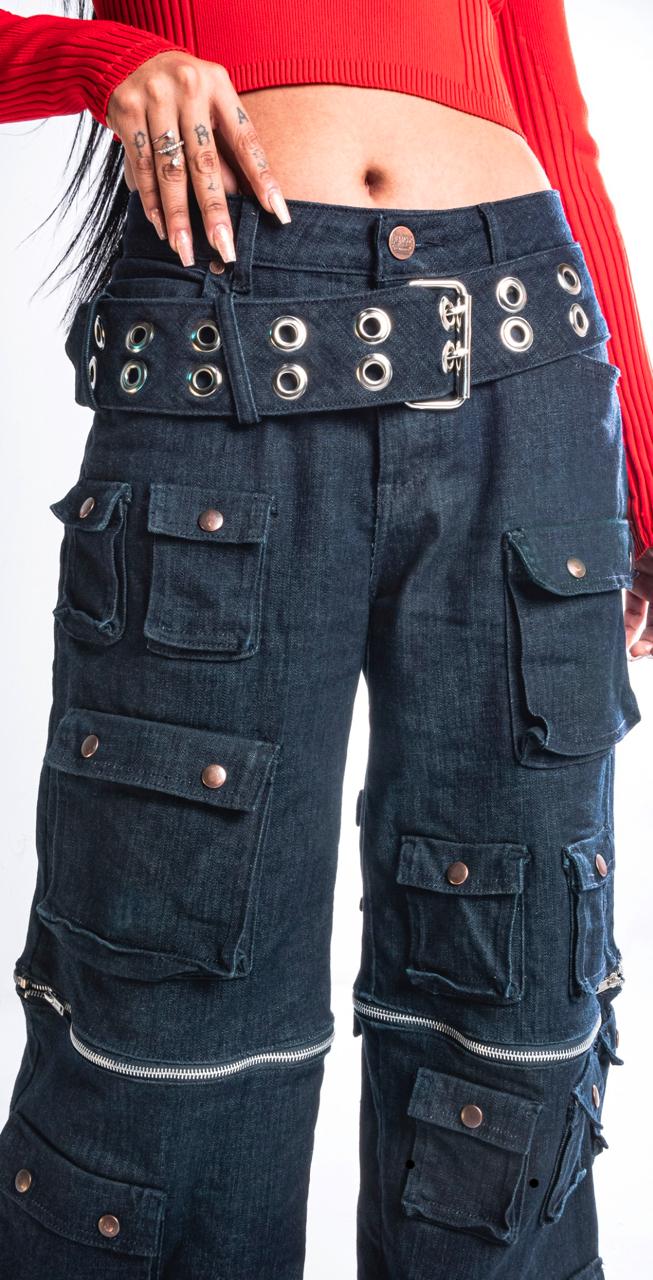 Straight Removable Leg Cargo Jeans With A Denim Belt- YASMINE
